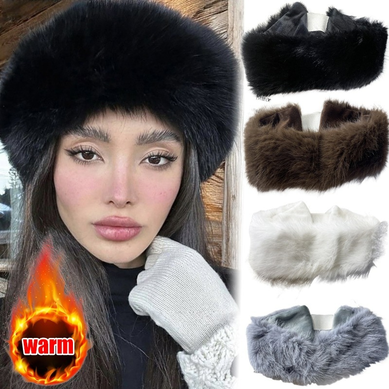 Fleece Ear Warmer Band - ワイドバンドファーヘッドバンド冬用保温イヤーマフ伸縮性フリースヘッドラップ女性女の子用防寒保温アクセサリーギフト
