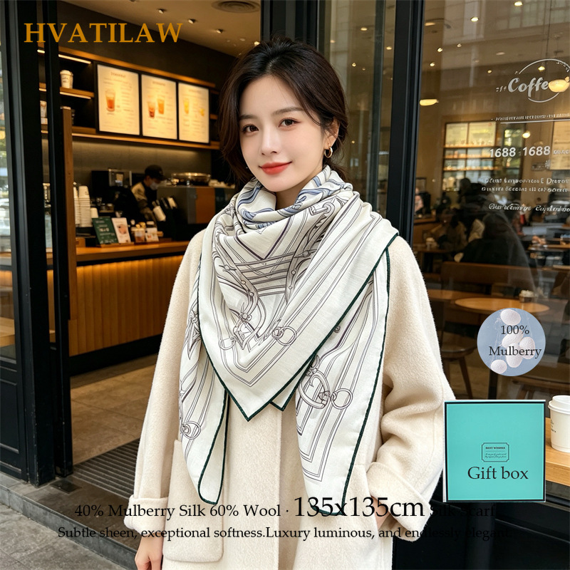 Shawl Wrap Winter - 40% シルク 60% ウールスカーフ 135x135cm 女性高級スクエアスカーフデザイナーショール秋冬暖かいラップストールエシャルプ手巻き裾