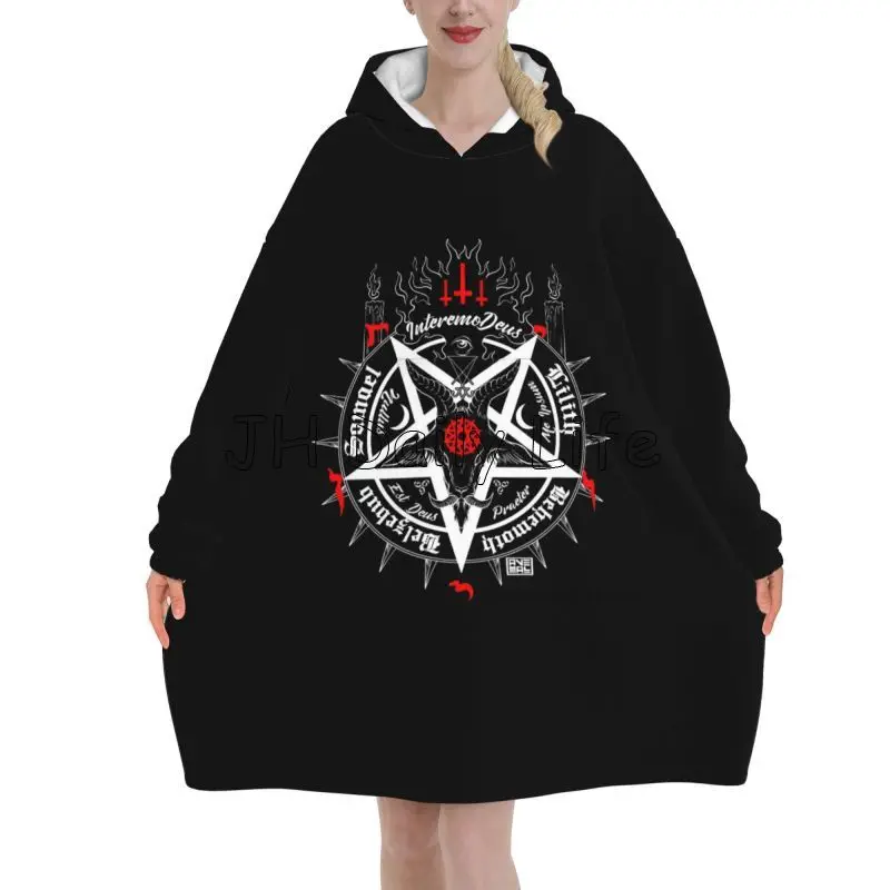 Sherpa Hoodie Fleece - ブラックサタンスカルデッドヘッド神秘的なハロウィン悪魔特大ブランケットパーカーウェアラブルプルオーバーソフト暖かいフリースシェルパブランケット
