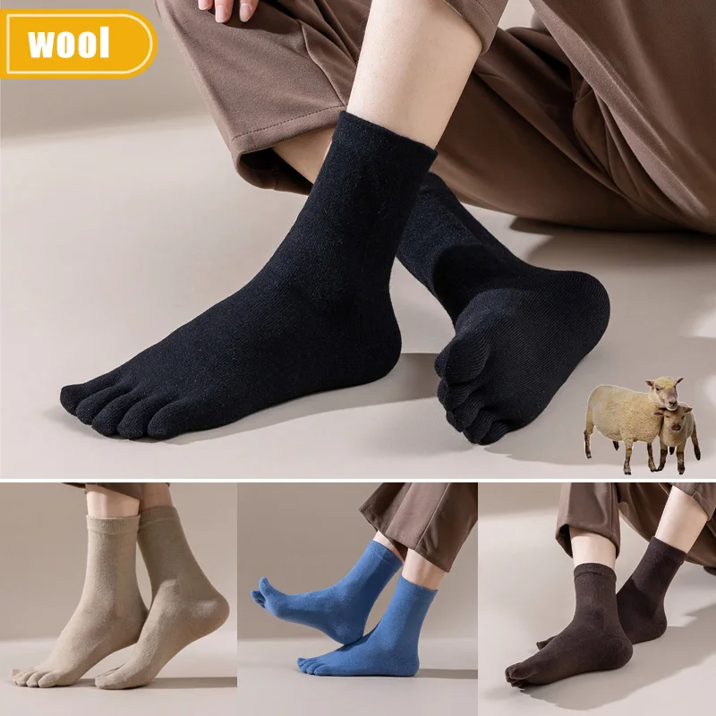 Thermal Sock Wool - メンズウール五本指ソックスショート厚手ソリッド吸汗性ビジネスドレスソフト通気性保温サーマルトゥソックス冬