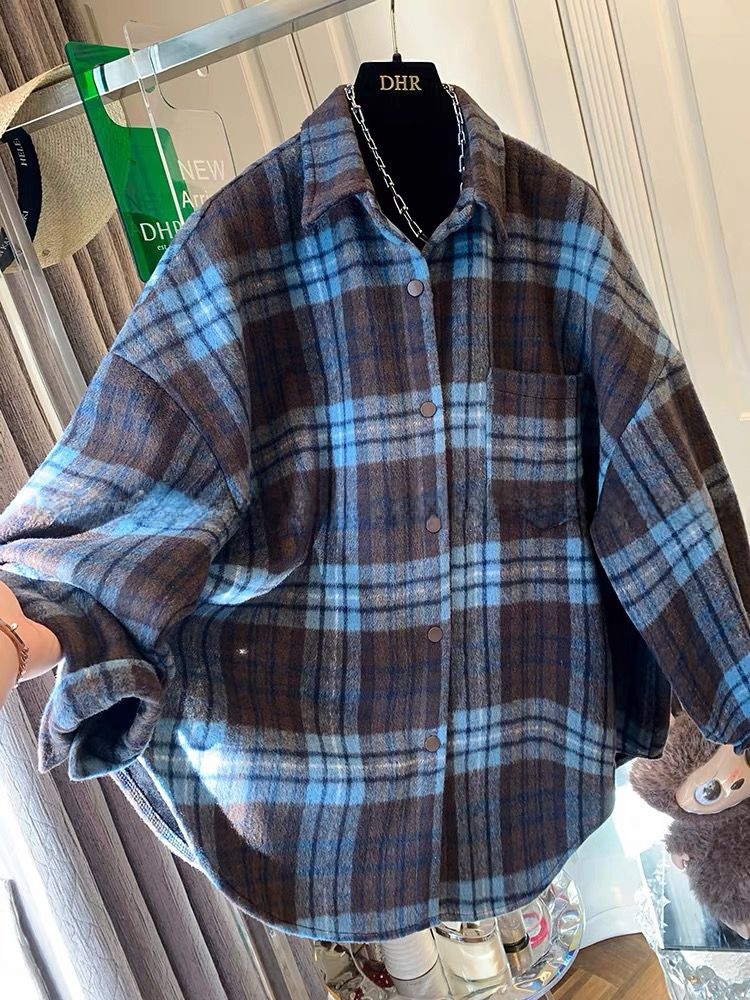 Flannel Shirt Lined - プラスサイズの女性のチェック柄フランネル長袖シャツヴィンテージ英国スタイルフリース裏地付きルーズフィット痩身トップ秋服