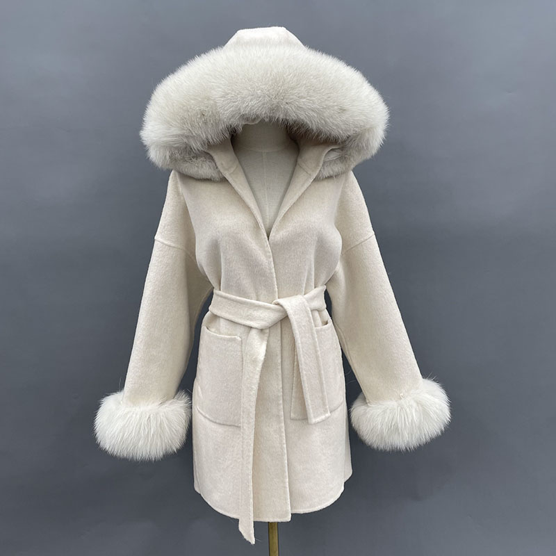 Wool Coat Peacoat - Missjanefur-本物のキツネの毛皮の襟と袖口を備えた女性用ウールコート、ベルト付きカシミアコート、暖かいフード付きトレンチ、ピーコート、冬のファッション