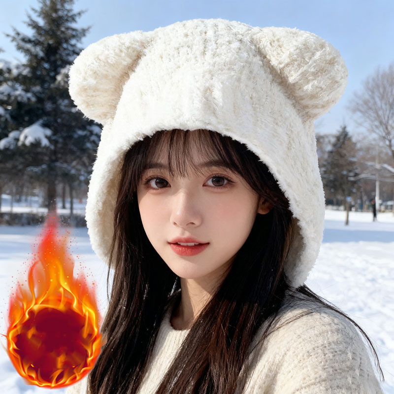 Knit Beanie Hat Warm - 秋冬女性ニット帽子かわいい韓国スタイルクマ耳ビーニー暖かい耳保護クリスマス寒い天候着用