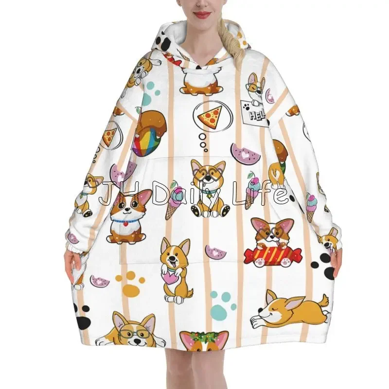 Sherpa Hoodie Fleece - かわいいコーギー犬ウェアラブルパーカーブランケット女性パジャマプルオーバートレーナー特大暖かい居心地の良いフランネルフリースシェルパブランケット