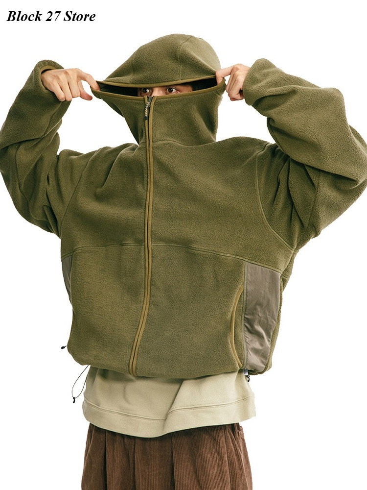 Sherpa Hoodie Fleece - メンズパーカー秋冬綿ジャケットアウトドアスポーツ無地ルーズフィットシェルパフリースフード付きコートハイネックカジュアルファッション