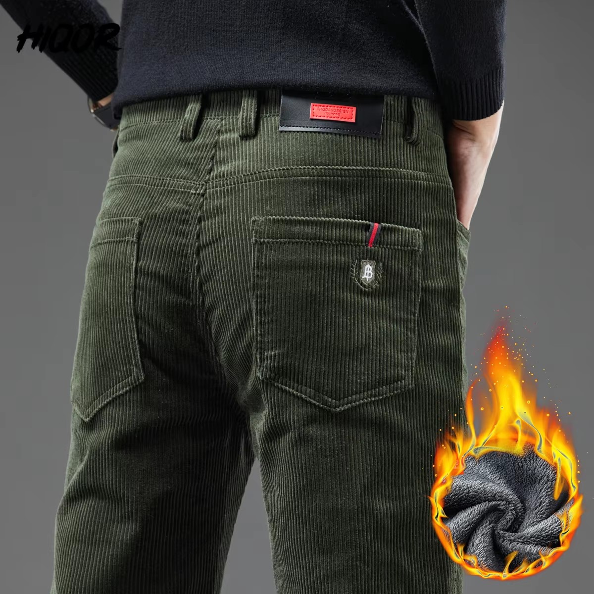 Corduroy Pant Warm - メンズ冬コーデュロイパンツ厚くて暖かいビジネスストレートカジュアルパンツ韓国ファッションフリースグリーンだぶだぶの男性ファッション