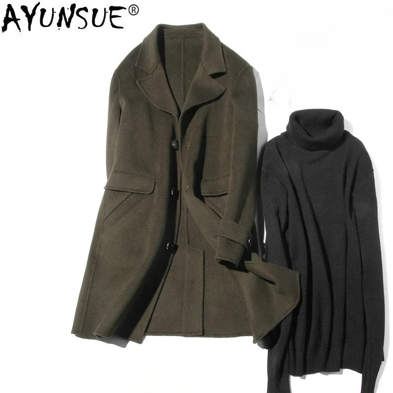 Wool Coat Peacoat - AYUNSUE 100% ウールコート男性秋両面ロングジャケット男性韓国メンズオーバーコートピーコートジャケット Erkek モント LM18-1019
