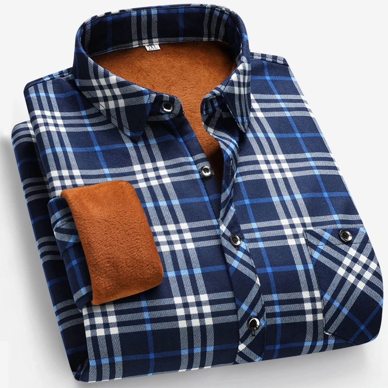 Flannel Shirt Lined - 秋と冬のメンズフリース裏地長袖シャツビジネスカジュアルファッション快適なアイロン不要の多用途トップ
