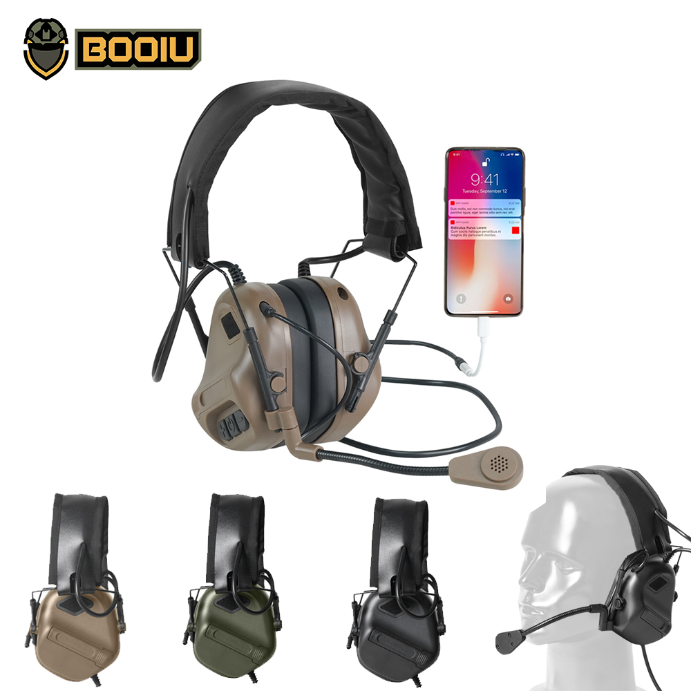 Earmuffs Foldable - BOOIU 戦術電子射撃ヘッドセット 3.5 ミリメートルインターフェース接続電話折りたたみヘッドフォン聴覚保護ヘルメット耳あて