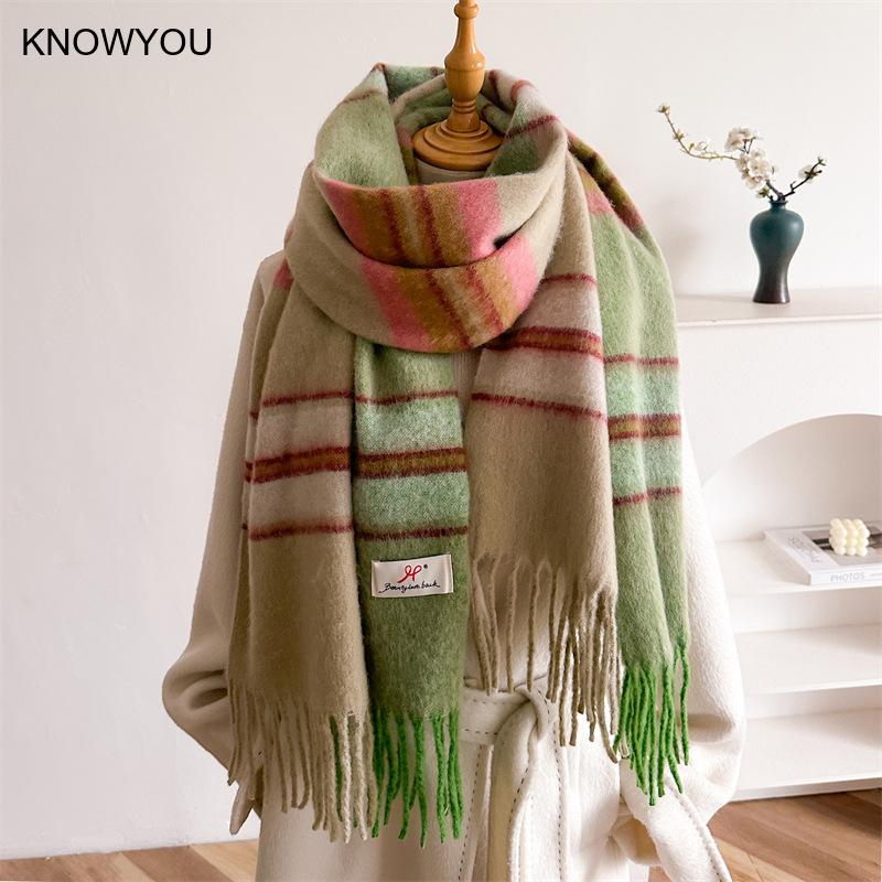 Cashmere Pashmina Wrap - 2026 冬厚く暖かいスカーフ女性カシミヤショールラップパシュミナネッカチーフブファンダ女性レインボー毛深いタッセルエシャルプポンチョ