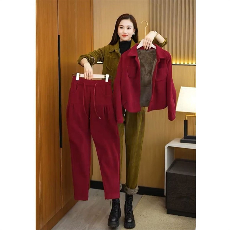 Corduroy Pant Warm - 女性用コーデュロイショートジャケットとハーレンパンツセット,ツーピースセット,暖かいベルベットのスーツ,カジュアルファッション,秋冬,2024