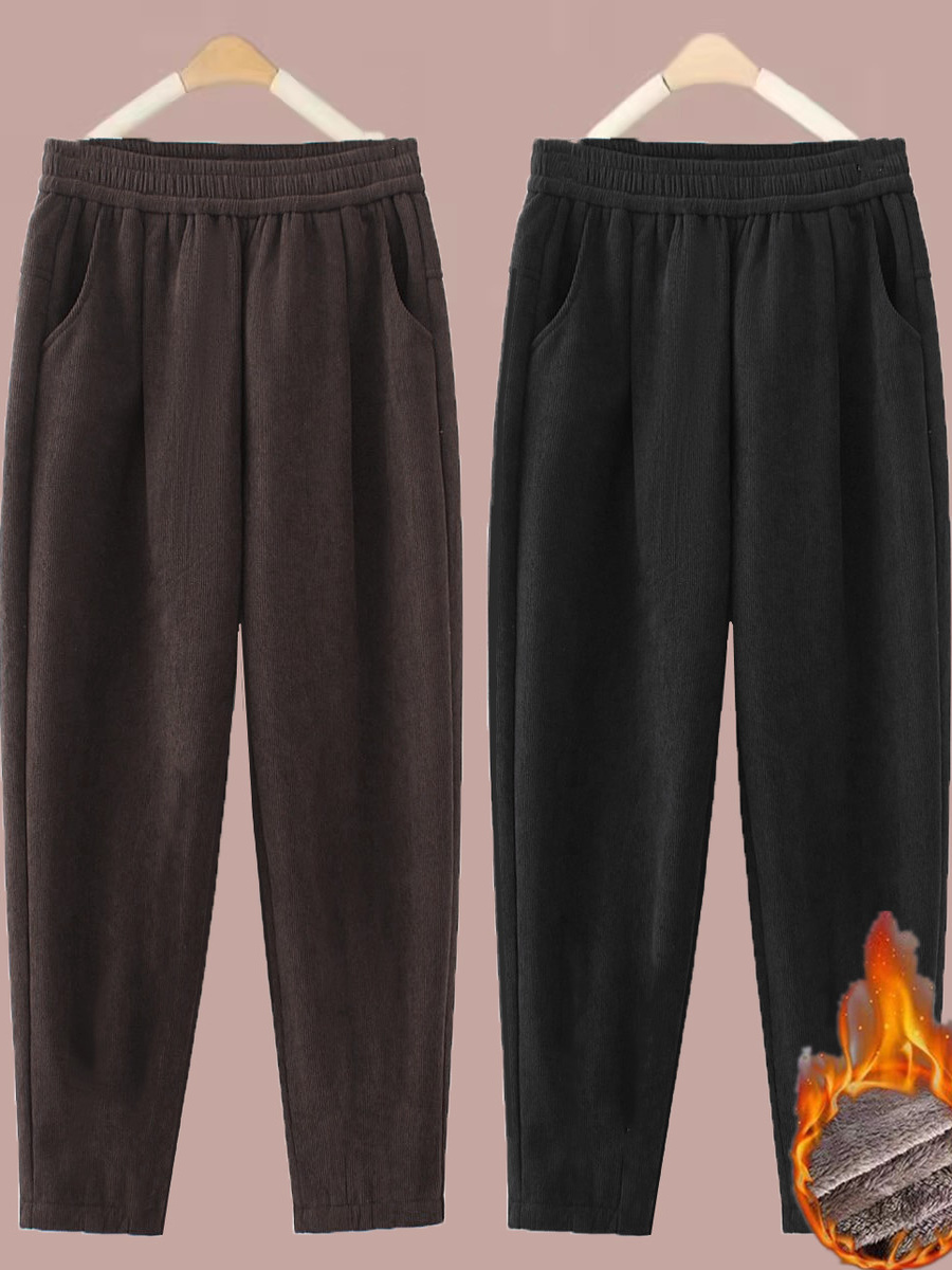Corduroy Pant Warm - 厚みのあるストレートレッグパンツ女性のコーデュロイ暖かいハイウエスト痩身カジュアルハーランパンツママ秋冬ファッショントレンド