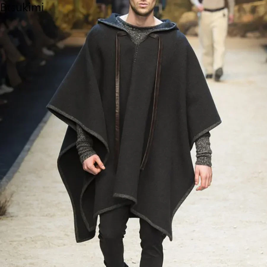 Wool Scarf Men - メンズウールポンチョ,フード付きコート,ショールジャケット,ルーズフィット,アウター,秋冬,2022