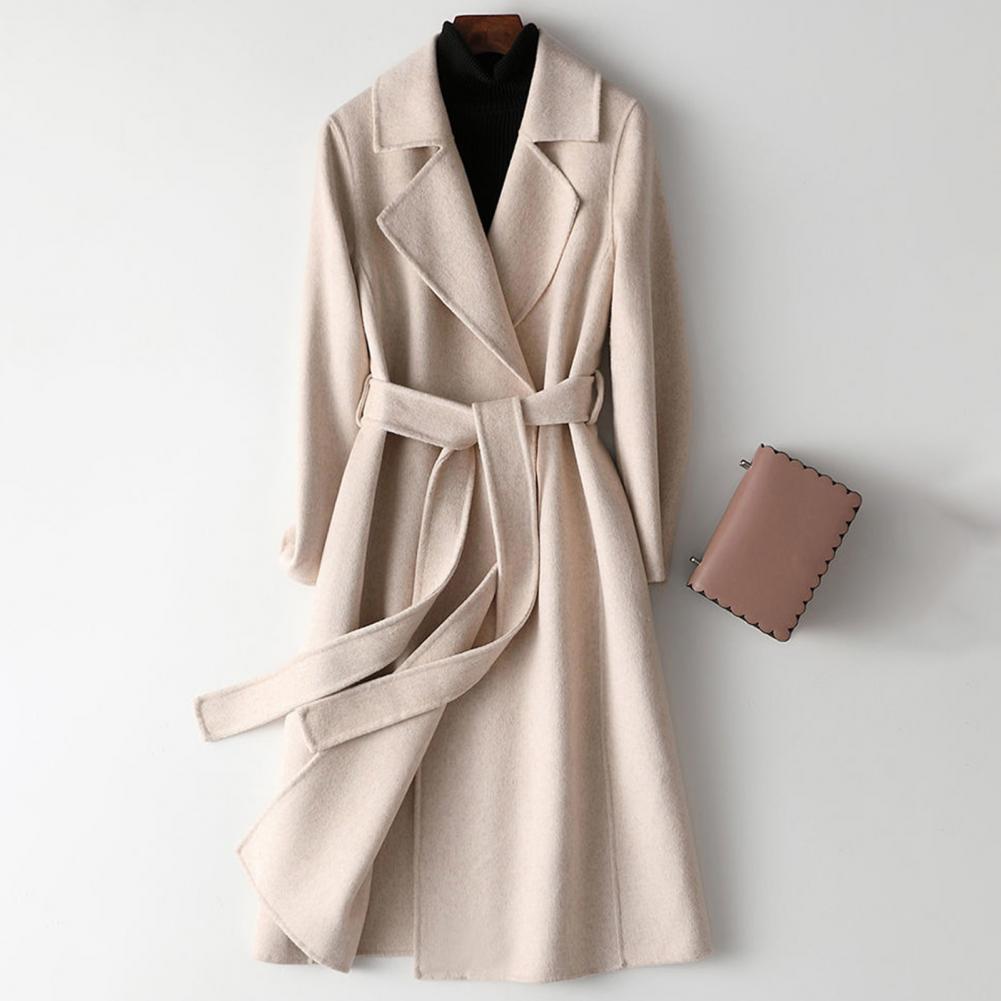 Wool Coat Peacoat - レディースウールコート、女性用ロングウールピーコート、ベルト付きノッチドラペルオーバーコート、暖かい秋冬用トレンチコート、ポリエステル素材