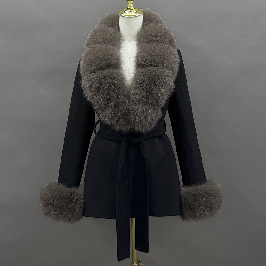 Wool Coat Peacoat - JANEFUR 2026 ウールコート本物のキツネの毛皮の襟と袖口付き女性ファッションベルト付きカシミヤコート暖かい冬のトレンチピーコート JFB4-26032