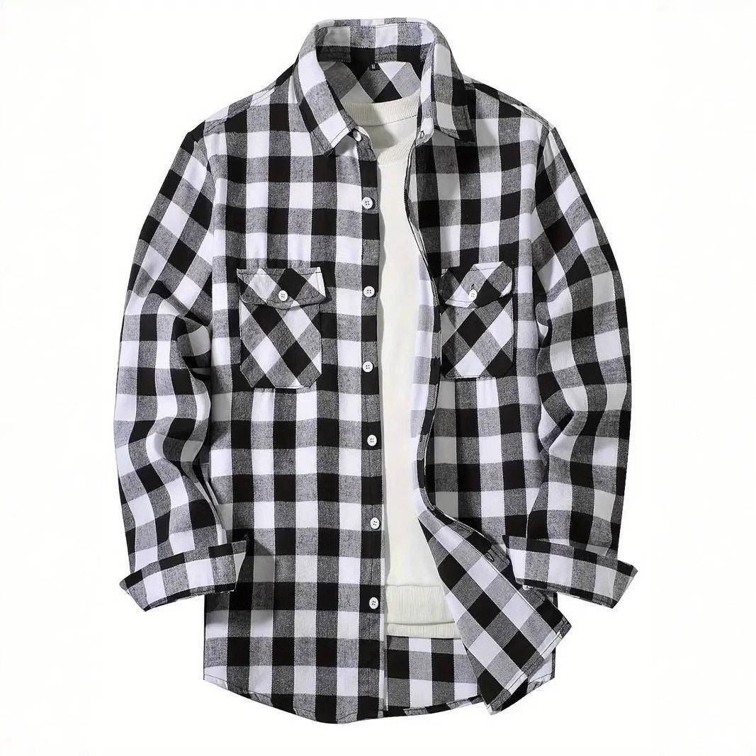 Flannel Shirt Lined - メンズシェルパ裏地付きフランネルシャツジャケット 春シーズン 長袖ボタンアップ クリーンフィットスタイル コットンPU素材 ポケットディテール