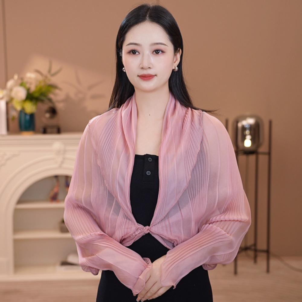 Shawl Wrap Winter - ソリッドカラーの日焼け止めトップス、ラウンドネック、薄手の生地、日焼け止めショール、長袖、ポリエステル素材、夏用アウター