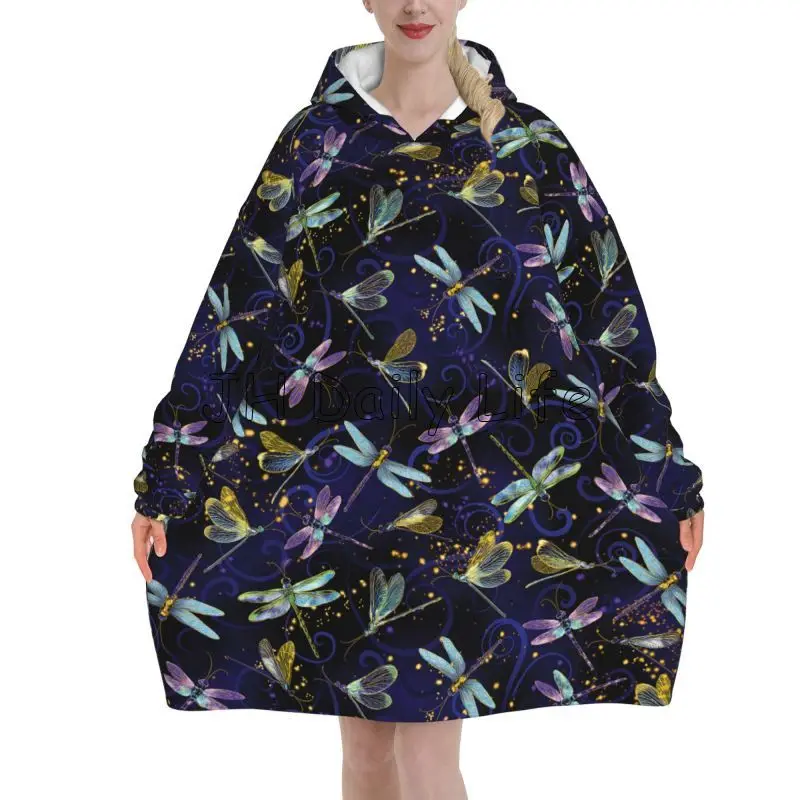 Sherpa Hoodie Fleece - トンボギャラクシーウェアラブルブランケットパーカー女性シェルパ特大プルオーバースウェットシャツ暖かい居心地の良いフランネルフリースブランケットポケット付き
