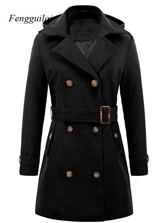 Wool Coat Peacoat - レディース ブラック フード付き ダブルブレスト ウール混 ピーコート