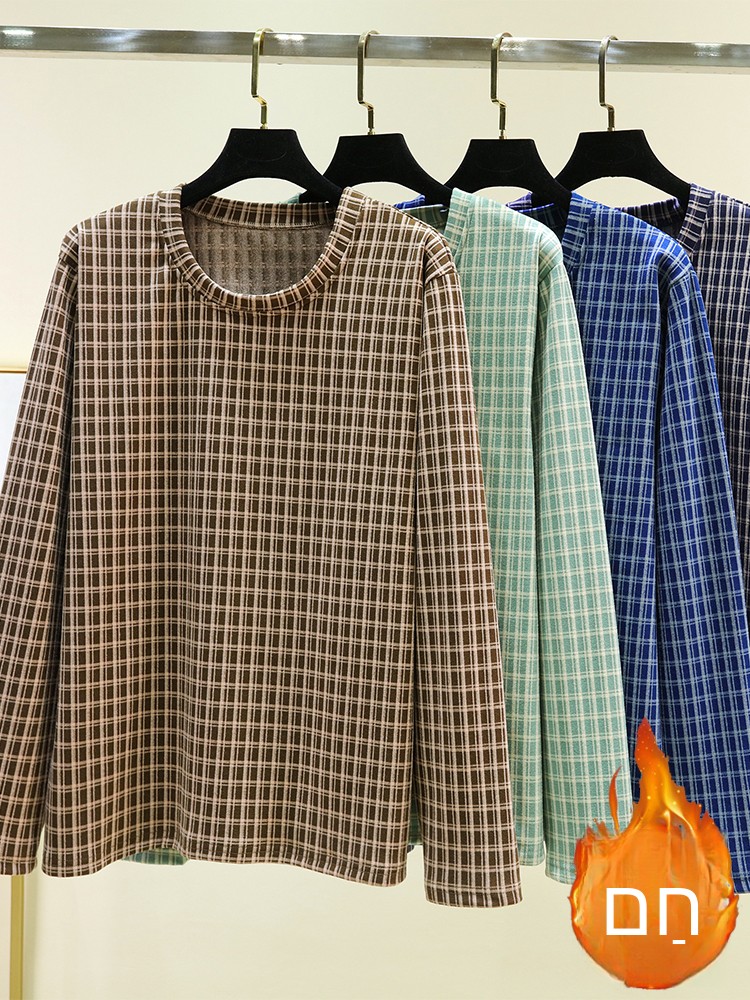 Flannel Shirt Lined - メンズ冬用ホームウェアフランネルパジャマトップ厚手大きいサイズラウンドネックチェック柄長袖フリース裏地ベースシャツ