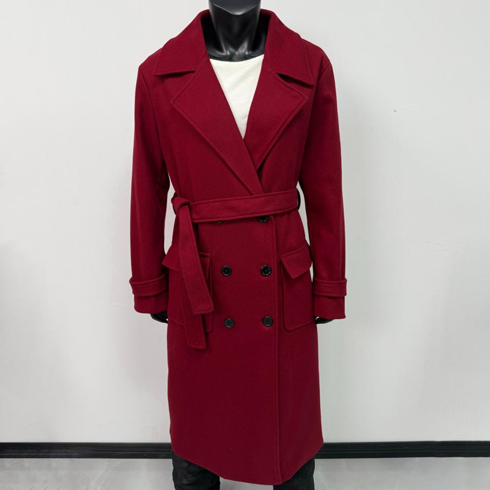 Wool Coat Peacoat - 女性用コート ベルト付きダブルブレストトレンチコート クラシックラペルピーコート ロング秋冬オーバーコート カジュアルウェア カジュアル
