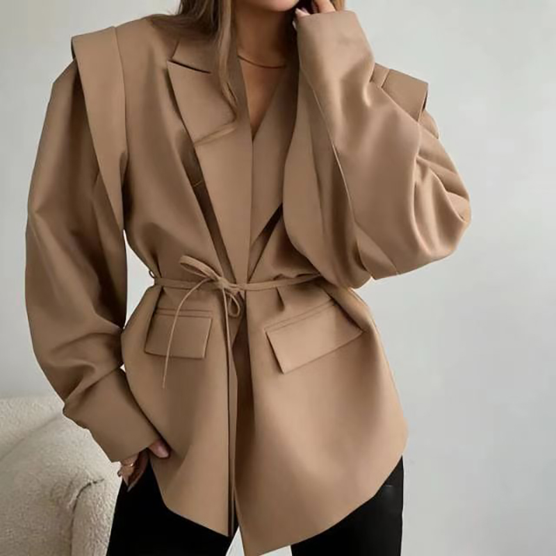 Down Jacket Packable - 特大ブレザージャケット女性カジュアルソリッドターンダウンカラーレースアップコート秋のファッションデザインストリート通勤オフィスレディジャケット
