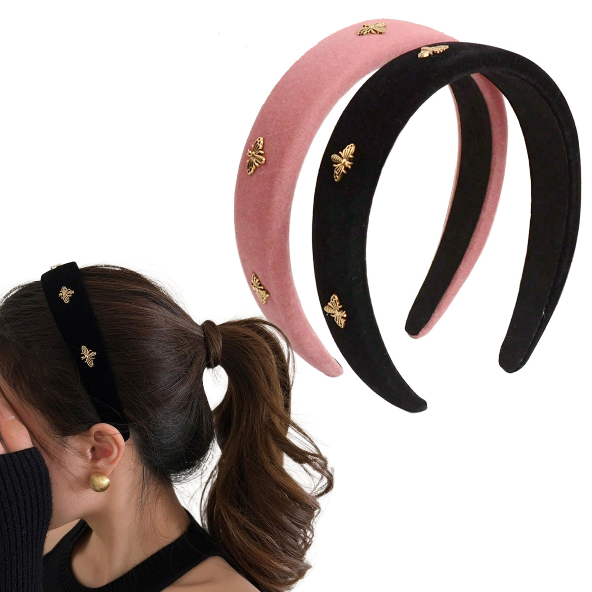 Winter Headband Fleece - Little Bee ブラックベルベットヘッドバンド 女性用 秋冬 高級感