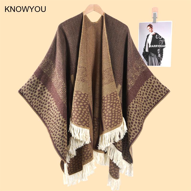 Cashmere Pashmina Wrap - ヒョウ柄スプリットパシュミナ女性用エレガントショール＆ラップロングタッセルケープジャケット暖かい人工カシミヤジャケットプルオーバー