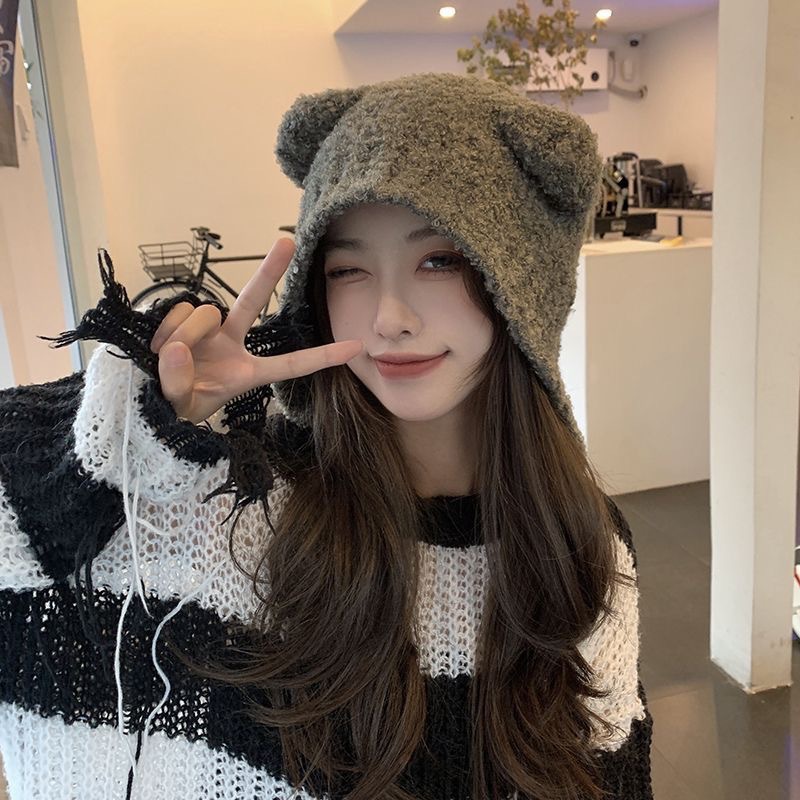 秋冬女性ニット帽子かわいい韓国スタイルクマ耳ビーニー暖かい耳 - Knit Beanie Hat Warm のレビューと価格
