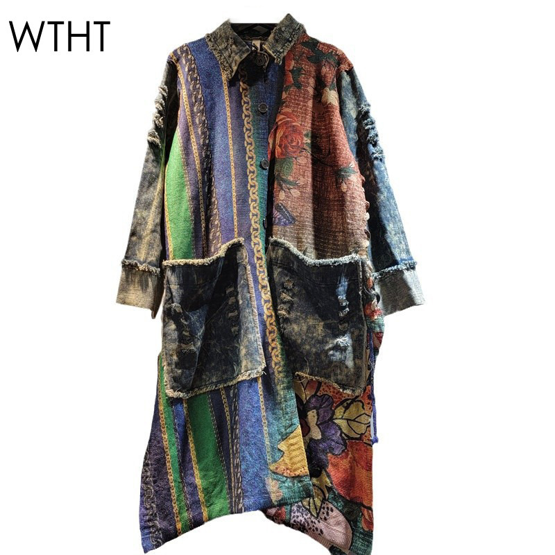 WTHT-女性用ストライプデニムロングコート,シングルブレス - Down Jacket Packable のレビューと価格