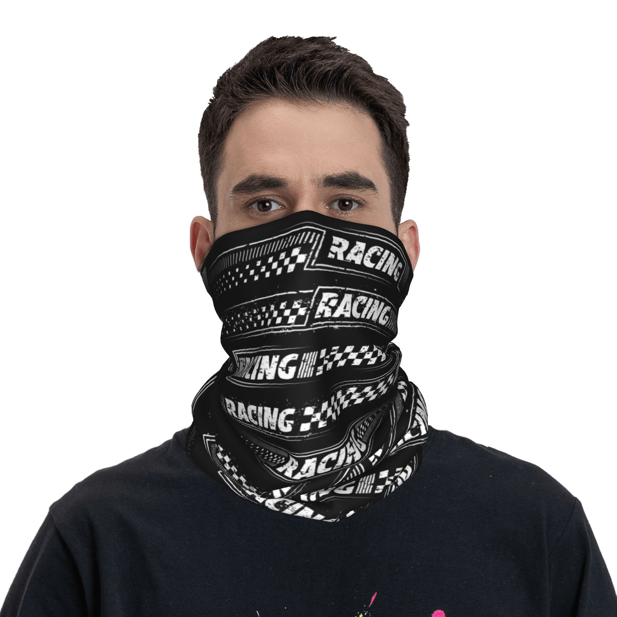 カスタムレーシングスピードラリーレースチェッカーモーターロゴ - Neck Gaiter Fleece のレビューと価格