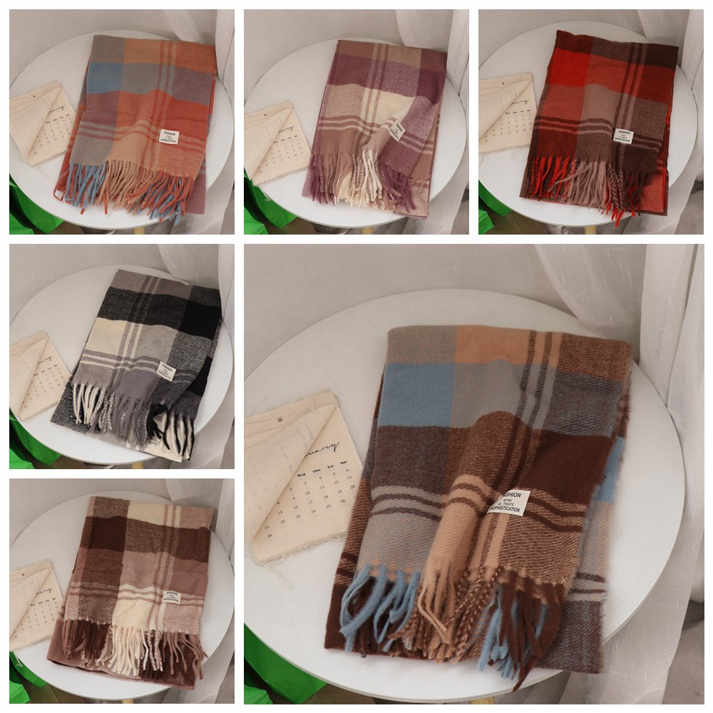 カジュアル防風チェック柄ウールスカーフロングテッセル保温冬カ - Wool Scarf Men のレビューと価格