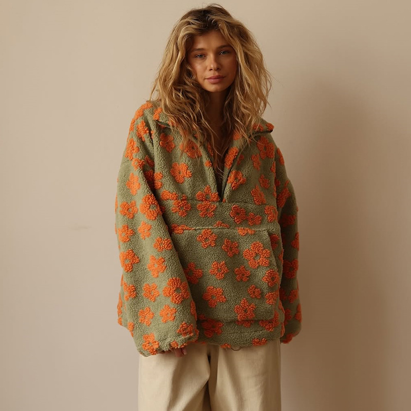 花柄シェルパハーフジッププルオーバー レディース オーバーサ - Sherpa Hoodie Fleece のレビューと価格