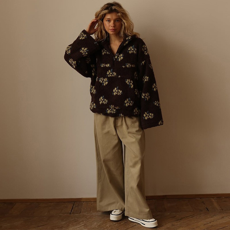 花柄シェルパハーフジッププルオーバー レディース オーバーサ - Sherpa Hoodie Fleece のレビューと価格