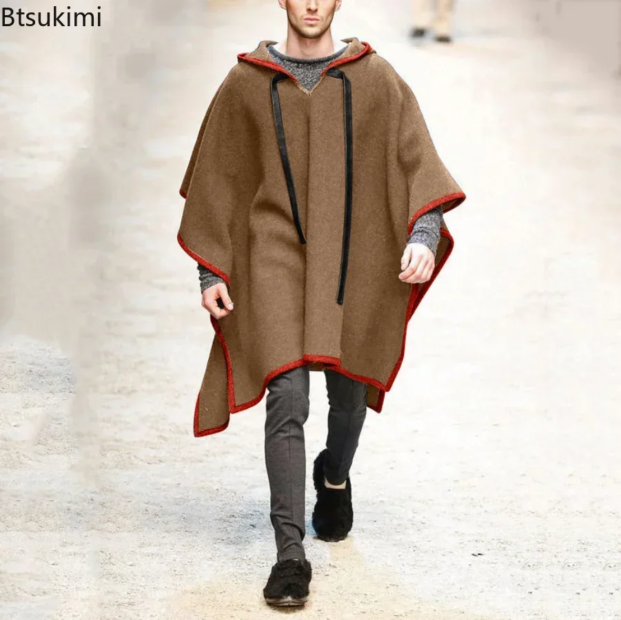 メンズウールポンチョ,フード付きコート,ショールジャケット, - Wool Scarf Men のレビューと価格