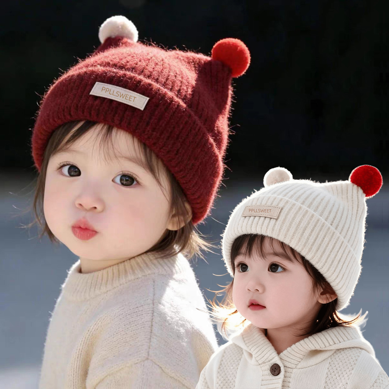 1-4 年ベビーニット帽子かわいいダブルぬいぐるみボールプル - Knit Beanie Hat Warm のレビューと価格
