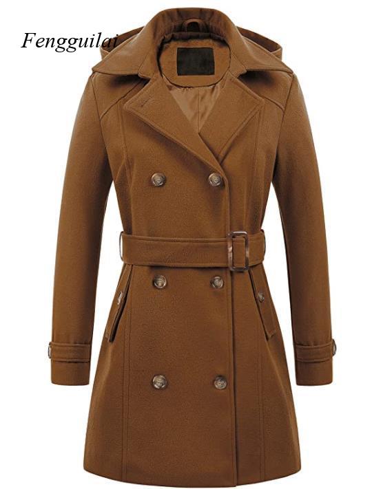 レディース ブラック フード付き ダブルブレスト ウール混  - Wool Coat Peacoat のレビューと価格