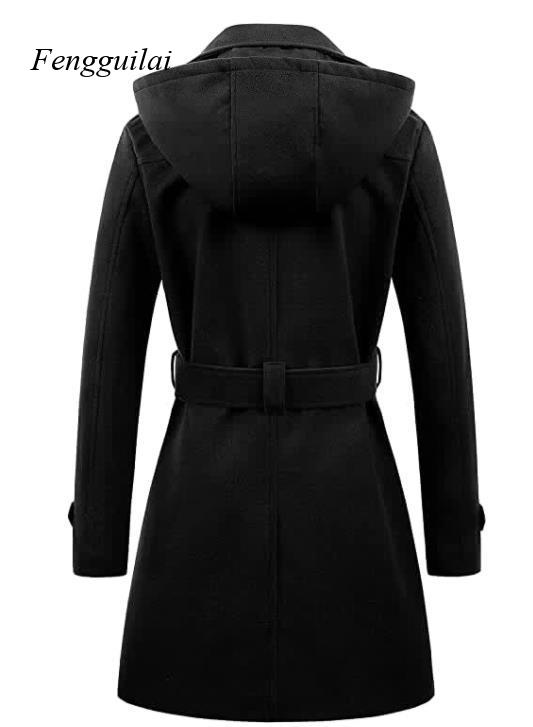 レディース ブラック フード付き ダブルブレスト ウール混  - Wool Coat Peacoat のレビューと価格