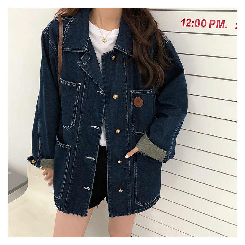 ダークブルーデニムジャケット女性春秋ラペルルーズシングルブレ - Down Jacket Packable のレビューと価格