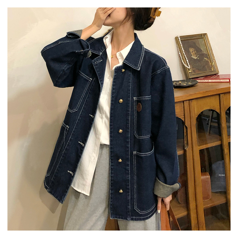 ダークブルーデニムジャケット女性春秋ラペルルーズシングルブレ - Down Jacket Packable のレビューと価格