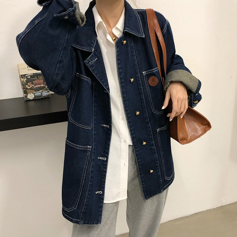 ダークブルーデニムジャケット女性春秋ラペルルーズシングルブレ - Down Jacket Packable のレビューと価格