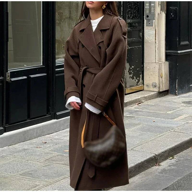 エレガントなグレーのベルト付きロングフェイクウールコート、女 - Wool Coat Peacoat のレビューと価格