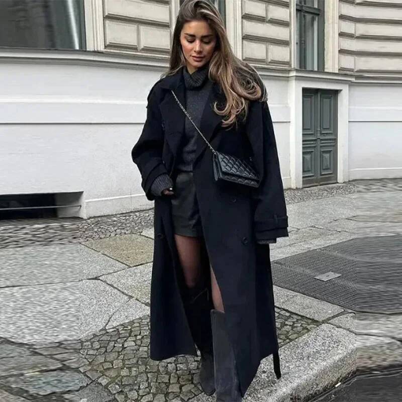 エレガントなグレーのベルト付きロングフェイクウールコート、女 - Wool Coat Peacoat のレビューと価格