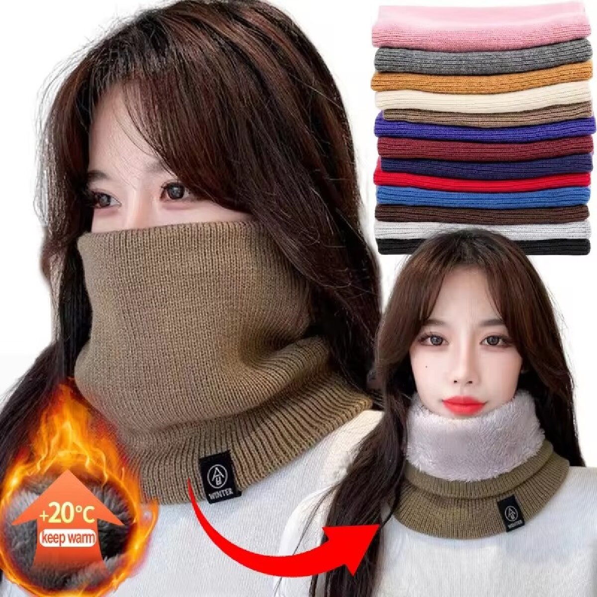 固体冬豪華なマフラーウールニット女性用フリースリングバンダナ - Neck Gaiter Fleece のレビューと価格